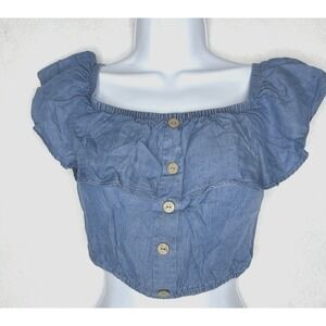 Haute Mende Blue Jean Ruffle Off Shoulder Crop Top Medium Peasant